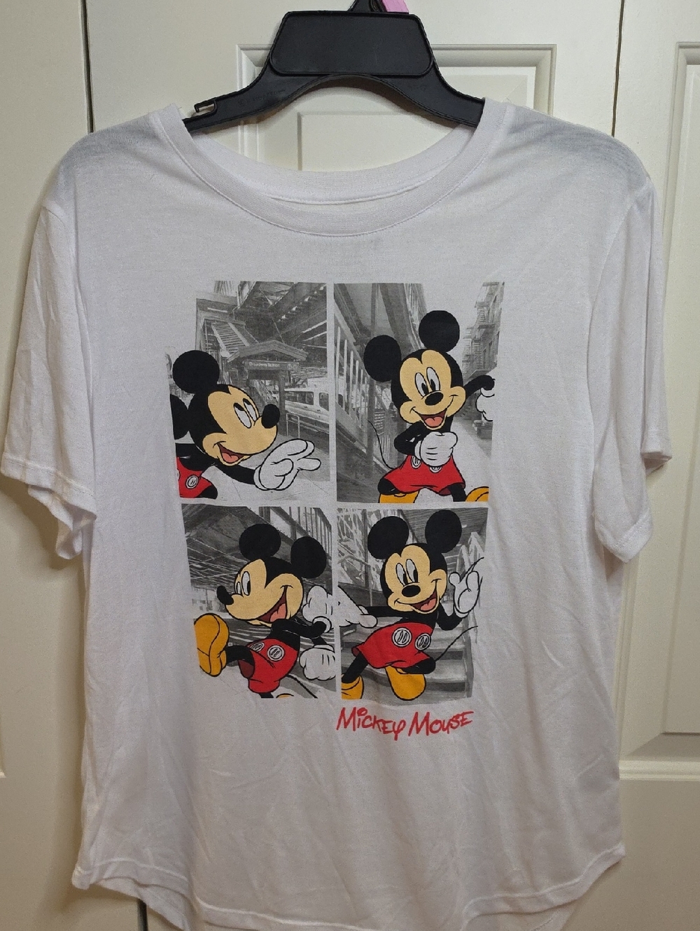 Disney White Mickey Mouse Multi-Panel Graphic Tee with Red and Yellow Accents